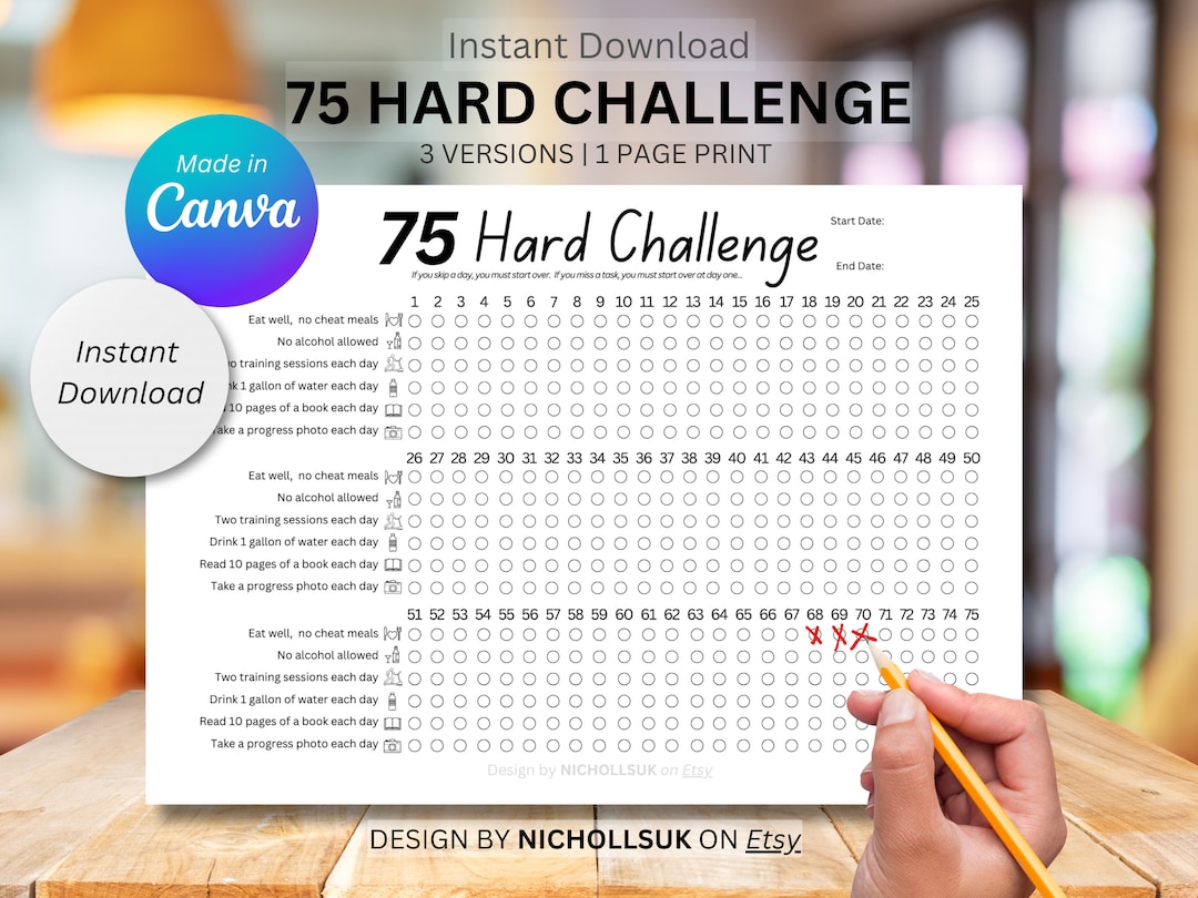 75 Hard Challenge 75 Hard Printable 75 Day Challenge Printable