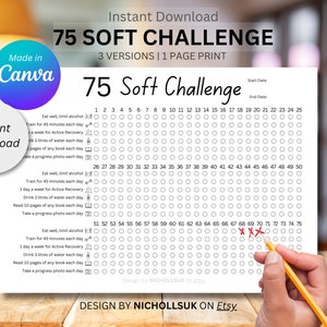 75 Soft Challenge Tracker Printable | Landscape A3 / A4 Sizes | Instant Download PDF | Multi-Version 75 Soft Challenge Digital Template