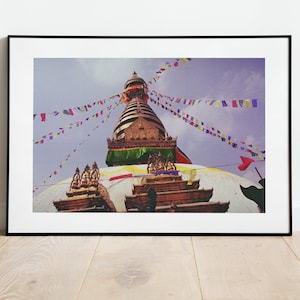 Swayambhunath (templo de los monos) - Fotografía cinematográfica Nepal - Impresión de arte mural de Katmandú - Arte nepalí vintage - Impresión de bellas artes