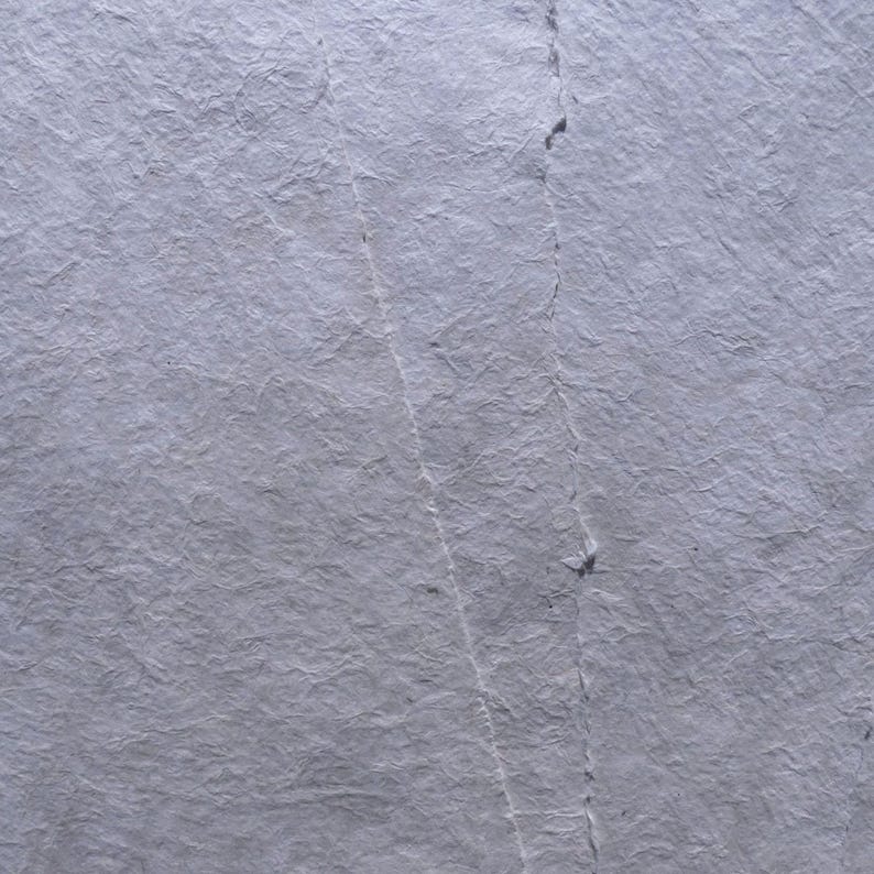 May include: Close-up of a sheet of textured, light gray paper. The paper has a crinkled appearance with visible lines and subtle variations in tone, suggesting a handmade or aged quality. The surface is evenly lit, highlighting the paper's texture.