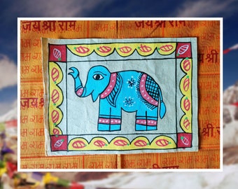 Elefantenmalerei auf Loktapapier - Mithila-Kunst - nepalesische / indische ethnische Kunst