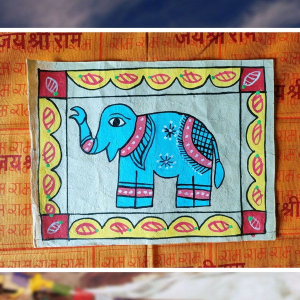 Peinture Éléphant sur Lokta paper - Mithila art - Art ethnique Népalais / Indien