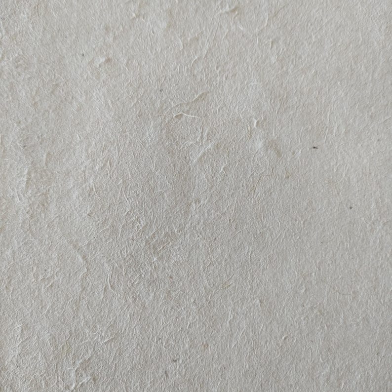 Op de afbeelding: Close-up van handgemaakt, gebroken wit papier met een getextureerd oppervlak. Het papier heeft zichtbare vezels en subtiele kleurvariaties, wat wijst op een natuurlijke, organische kwaliteit. Het oppervlak van het papier is licht ongelijkmatig.