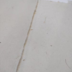 Puede incluir: Primer plano de dos hojas de papel hecho a mano. El papel tiene una superficie rugosa y texturizada con fibras visibles y peque&ntilde;as motas. Los bordes del papel son irregulares, lo que sugiere un borde rasgado o con barbas. El papel es de color blanquecino.