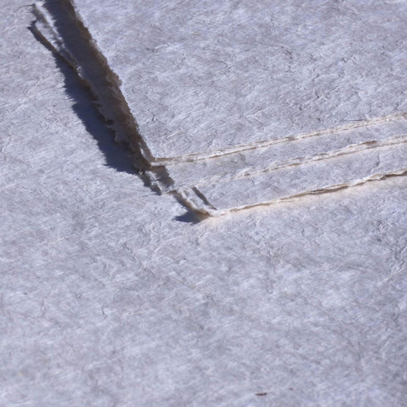May include: Close-up of handmade paper with a textured, off-white surface. The paper has a deckled edge and appears to be layered. The paper has a subtle, natural texture, suggesting it is made from plant fibers.