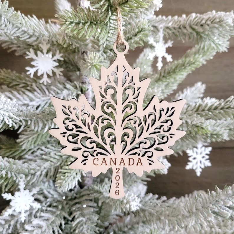 2026 Canada Maple Leaf Wood Cut Christmas Tree Ornament Gift For Canadians image 1