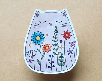 Wildflowers Cat Sticker | Waterproof Matte White Vinyl Decal | Hand-Crafted Laptop, Journal, Water Bottle Sticker