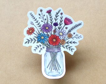 Wildflower Bouquet Jar Vase Sticker | Waterproof Matte White Vinyl Decal | Hand-Crafted Laptop, Journal, Water Bottle Sticker