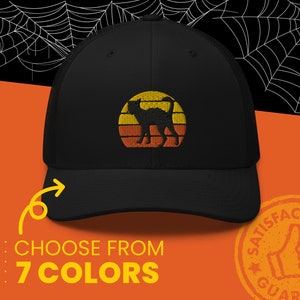 Black Cat Trucker Hat, Embroidered Vintage Hat, Trendy Synthwave Halloween Cap, Cat Lover, Funny Halloween Gifts for Cat Parent