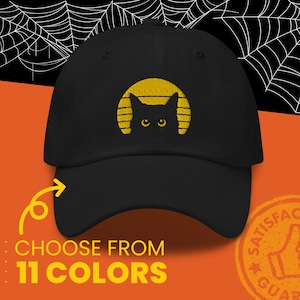 Black Cat Embroidered Dad hat, Halloween Retro Cap, Synthwave Design, Cat Mom and Dad Gifts, Black Cat Vintage Sunset Hats