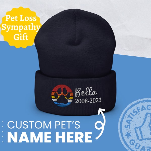 Custom Pet Memorial Beanie, Dogs Name and Years, Pet Loss Sympathy Gift, Dog Remembrance Gifts, Dog Parent Personalized Embroidered Beanie