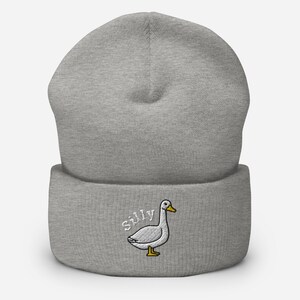 May include: Gray beanie with a white embroidered goose and the word "silly" on the front.