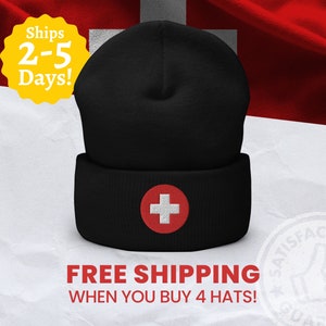 Switzerland Flag Embroidered Beanie, Swiss Flag Cuffed Beanie, Swiss Flag Winter Hat Embroidery, Switzerland Gifts