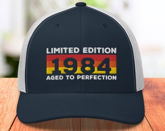 Chapeau 40e anniversaire, chapeaux brodés personnalisés, né en 1984, vieilli jusqu'à la perfection, design rétro des années 80, cadeau 40e anniversaire