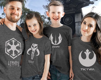 Custom, Personalized Disney Star Wars shirt with Galactic Symbol and Aurebesh, Sith or Mandalorian text.  Choose name or slogan and symbol.