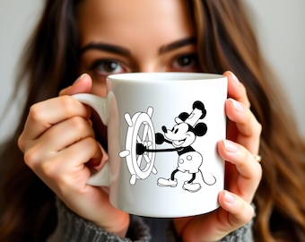 Taza de Mickey Mouse Steamboat Willie / Taza de café de cerámica vintage en blanco y negro / Arte clásico de dibujos animados / Taza de regalo retro de Mickey, regalo para mamá