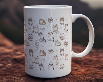 Cat Coffee Mug, Cute Cat Pattern Mug, Wraparound Ceramic Mug, Cat Lover Gift, Gift for Her, Gift for Him, Kitten Coffee Cup