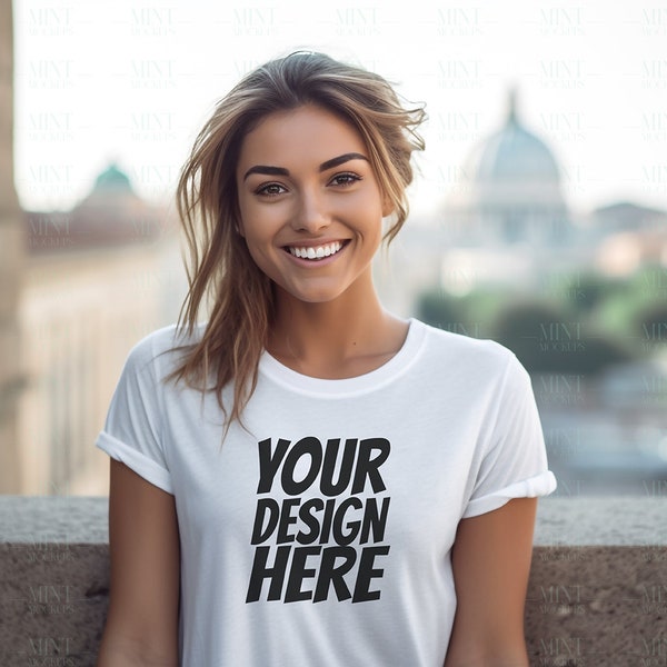 Bella Canvas 3001 White T-Shirt Mockup, Female Model, High-Quality Fashion Design Showcase, Spring T-Shirt Mock Up,