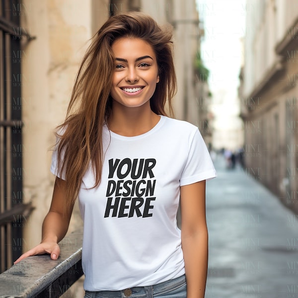 Bella Canvas 3001 White T-Shirt Mockup | Female Model | High-Quality Design Display | Fashion Showcase Tool