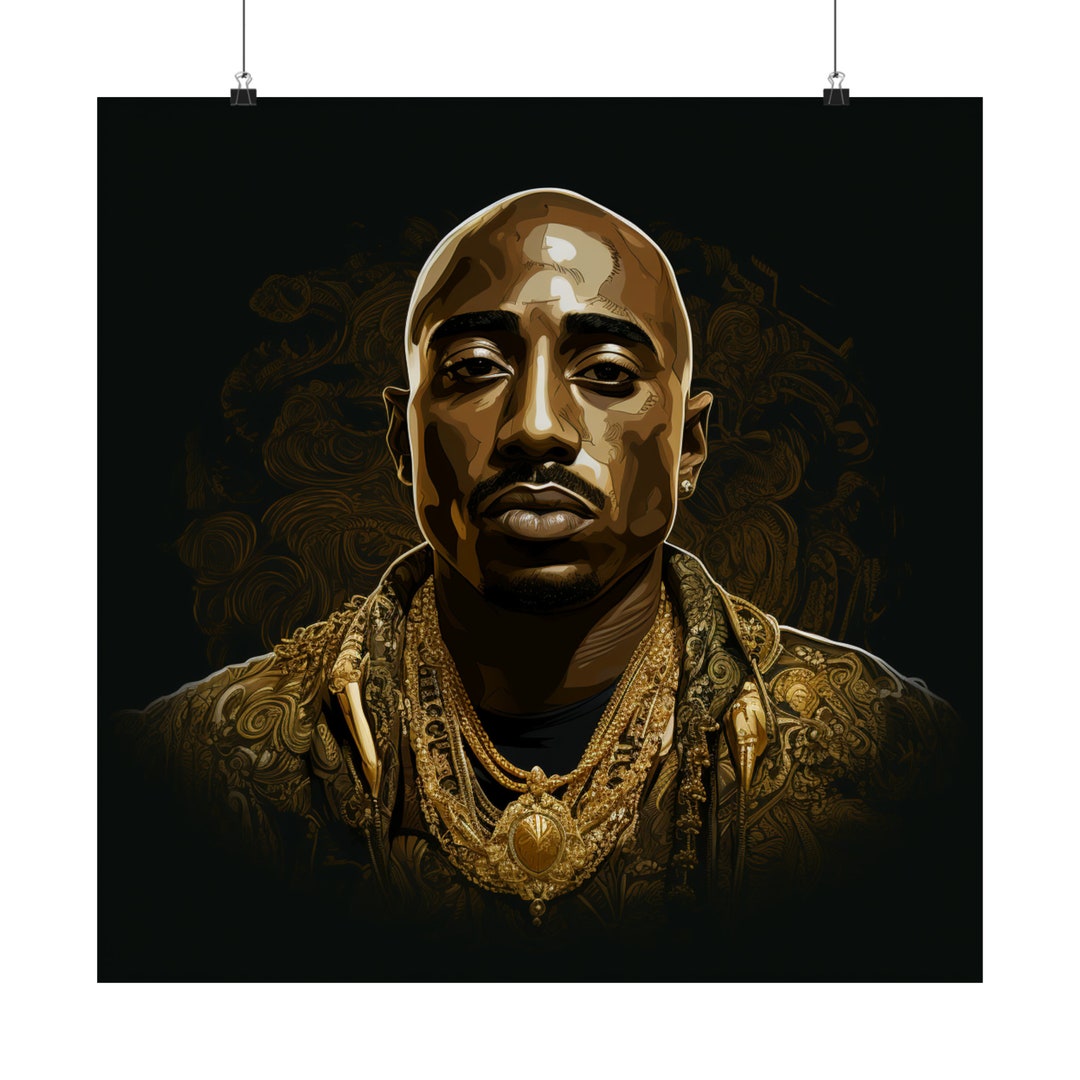 Tupac Shakur Art, Gold Chains Animated Rapper Poster, Dark Background
