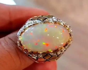 Original Ethiopian Fire White Opal Stone Sterling Silver Ring Real Opal Fire Ring Natural Opal Fine Gemstone Ring Fire White Opal Ring Mens