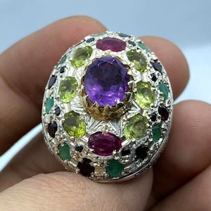 Beautiful Original Amethyst Ruby Peridot Blue Sapphire Emerald Heavy Silver Ring