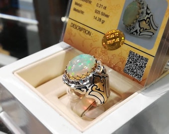 Natural White Fire Opal Ring – Genuine Ethiopian White Opal Gemstone Ring, Colorful October Birthstone Jewelry with Fiery Play of Color