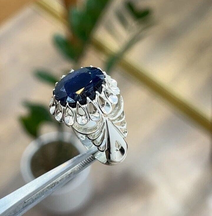 Certified 8.42 Carat Blue Sapphire (Neelam) Ring – 92.5 Sterling Silver Adjustable Ring For Women