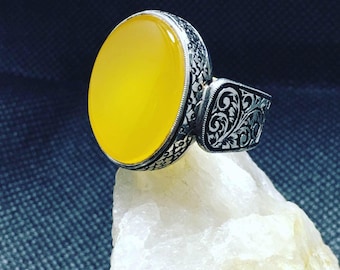 Natural Yellow Yemeni Aqeeq Akik Haqeeq Stone Silver Ring Shia Ring Valentine Gift Original Zard Aqeeq Ring Real Zard Aqeeq Stone Ring Mens