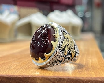 Original Real Brown Yemeni Aqeeq Stone Blood Red Underlight Sterling Silver Ring