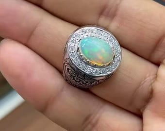 Xmas Gift Natural Ethiopian White Opal Oval Ring 925 Sterling Silver - October Birthstone - Handmade Original Opal Christmas Sale Ring