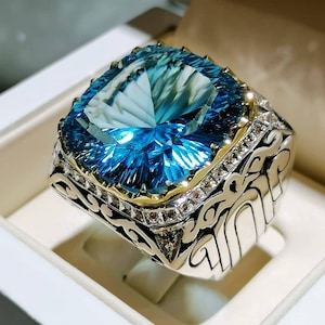 Anello con topazio blu svizzero naturale - Gioiello con pietra preziosa di topazio autentico non riscaldato per uomo e donna - Elegante regalo fatto a mano