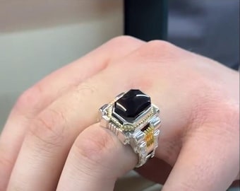 Beautiful Xmas Gift Black Agate Ring 925 Sterling Silver Handmade from Yemen - Natural Aqeeq Ring - Men's & Women's Gemstone Jewelry
