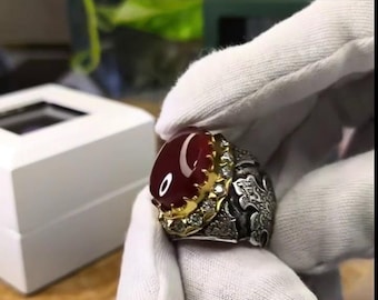 Xmas Gift Oval Red Agate Ring 925 Sterling Silver Natural Yemeni Aqeeq Stone Gift Handmade Jewelry Akik Haqeeq Stone Shia Ring