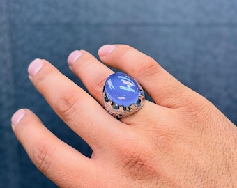 Original Yemeni Blue Agate Ring - Natural Blue Aqeeq from Yemen - 925 Sterling Silver Handmade Islamic Gemstone Ring for Men