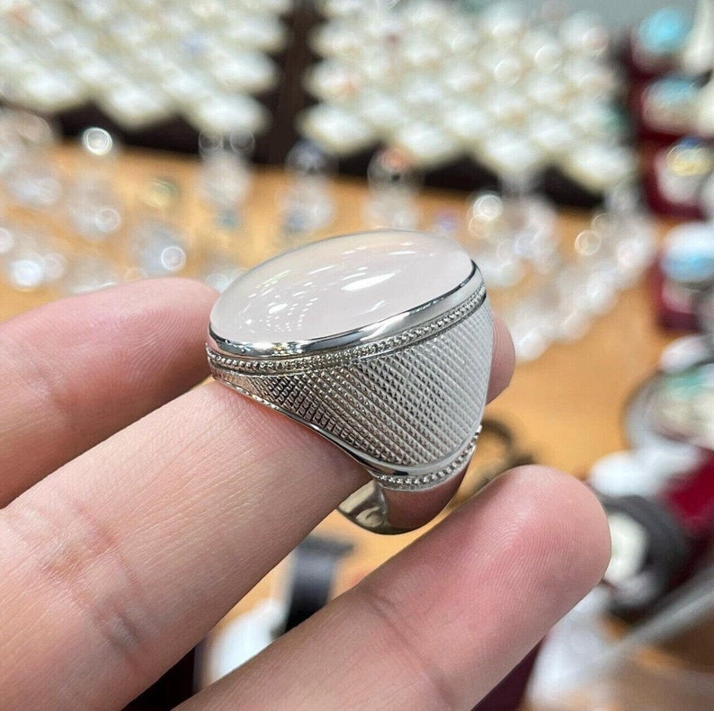 White Yemeni Aqeeq Stone Ring White Stone Ring Natural Real Yemeni Akik Ring 925 image 3