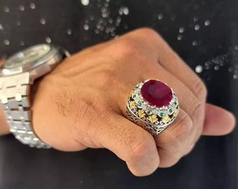 Original  African Mens Red Ruby Ring 925 Sterling Silver - Natural Ruby Gemstone - Handmade Holiday Gift Jewelry Xmas Gift New Year Gift