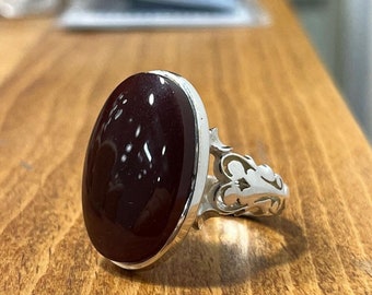 Natural Big Size Brown Yemeni Aqeeq Akik Haqeeq Stone Sterling Silver Ring Mens