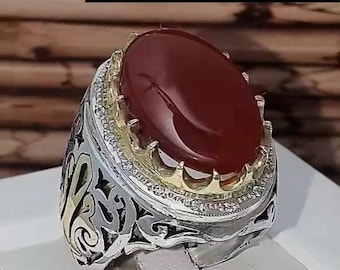 Neujahr Geschenk Original jemenitischer Aqeeq Ring 925 Sterling Silber - Natürlicher Achat Edelstein Handgemachter Ring aus dem Jemen