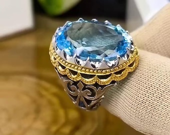 Beautiful Xmas Natural Swiss Blue Topaz Ring 925 Sterling Silver - Genuine Switzerland Topaz Gift Jewelry Perfect Christmas GIft