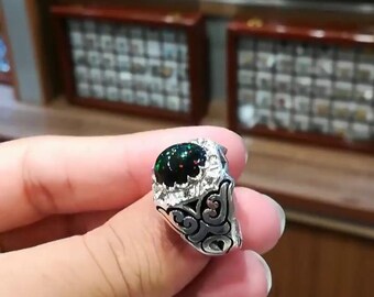 Rare Natural Ethiopian Fire Black Opal Ring - Genuine Fire Black Opal Mens Ring - Handcrafted Silver - October Birthstone - Luxury Gift