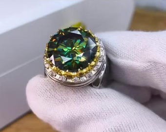 Xmas Gift Big Round Dark Green Moissanite Ring 925 Sterling Silver - Brilliant Lab-Grown Stone New Year Gift
