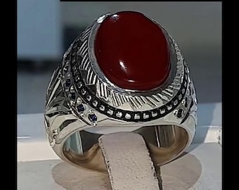 Original Yemeni Aqeeq Ring 925 Sterling Silver - Natural Aqeeq Stone Jewelry - Handmade Men’s Ring - New Year Gift Yemen Agate Gemstone