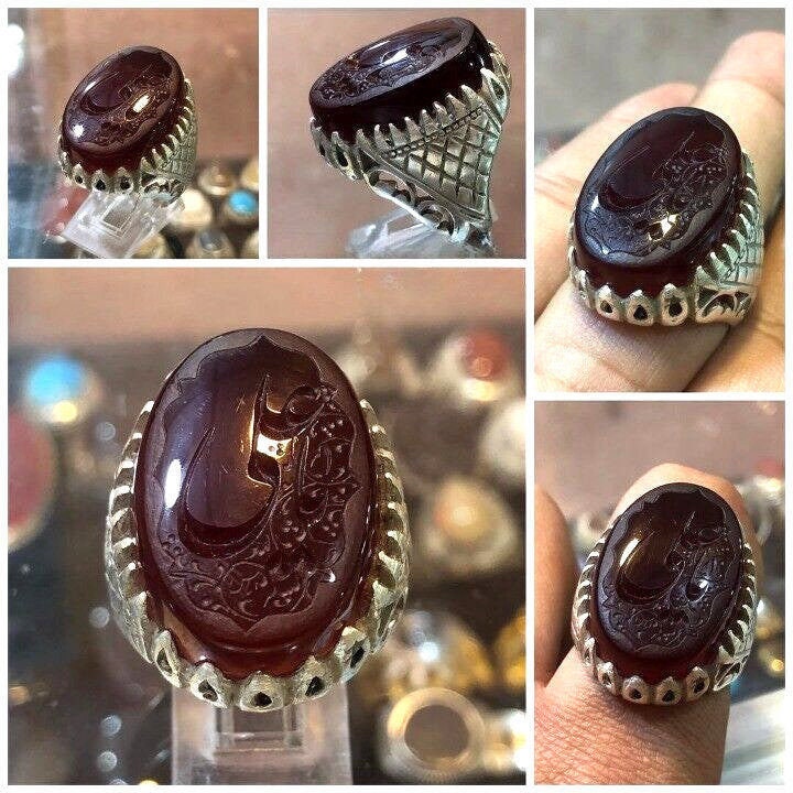 YA Ali Engraved On Original Yemeni Aqeeq Haqeeq Stone Ring Real Yamani Akik  Ring