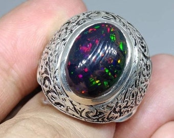 Ursprünglicher natürlicher äthiopischer Feuer-Schwarzopalstein-Steinsilberring-echter schwarzer Opal
