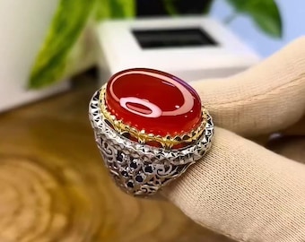 Beautiful Xmas Gift Original Yemeni Aqeeq Ring 925 Sterling Silver Handmade Agate Jewelry Gift for Him Her Haqeeq Akik Shia Ring