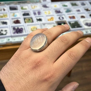 White Yemeni Aqeeq Stone Ring White Stone Ring Natural Real Yemeni Akik Ring 925 image 2