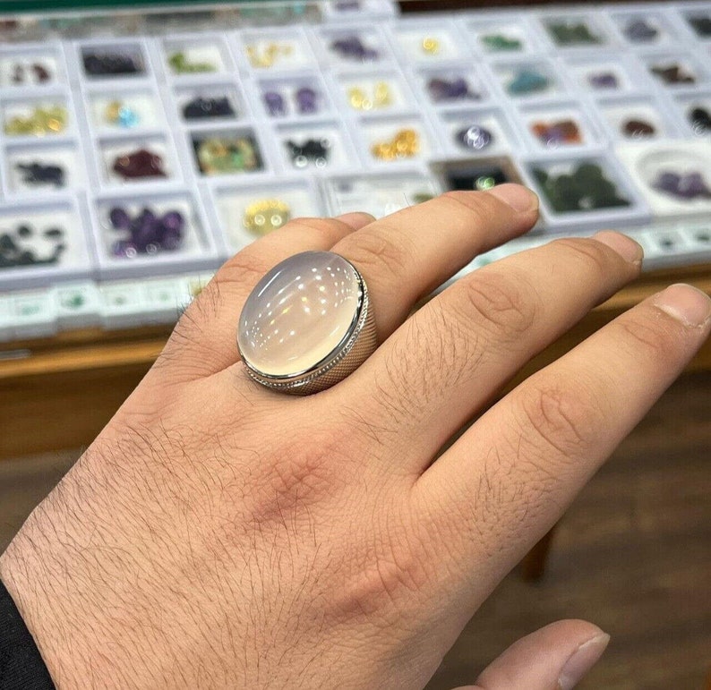 White Yemeni Aqeeq Stone Ring White Stone Ring Natural Real Yemeni Akik Ring 925 image 2