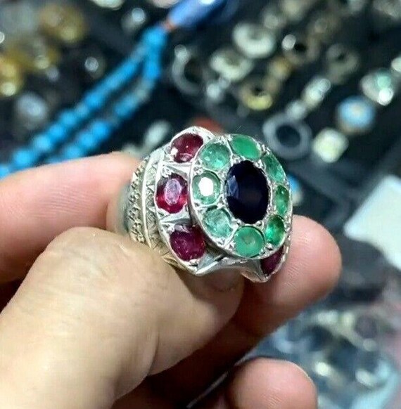 Natural Emerald Ruby Sapphire Fine Ring Emerald S… - image 2