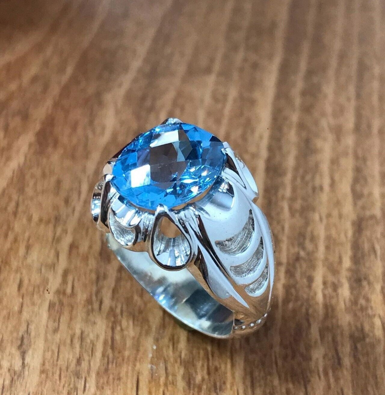 Anello In Argento 925 Con Topazio Blu Naturale – Fatto A Mano, Tutte Le Misure, Pietra 10+ Carati